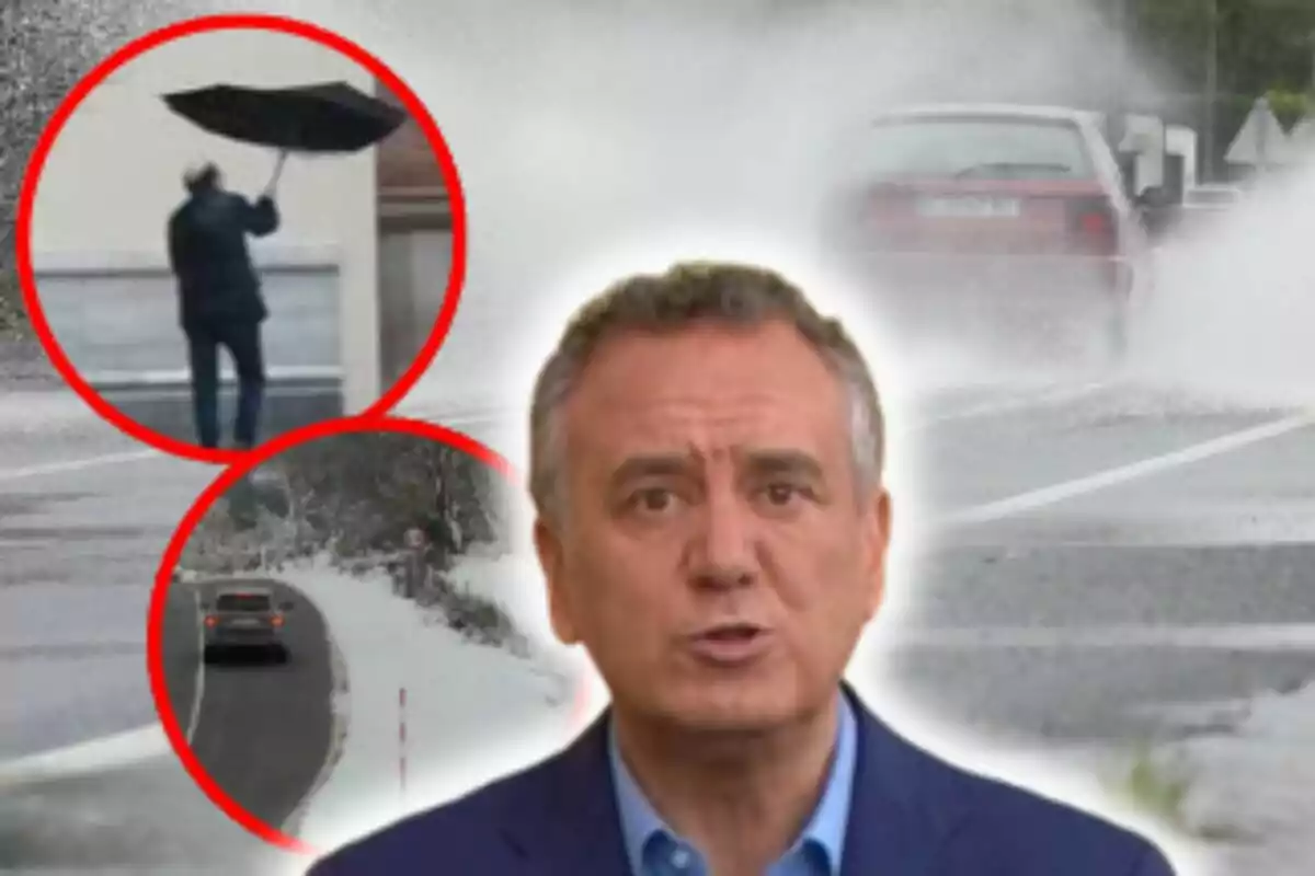 Roberto Brasero hablando sobre condiciones climáticas adversas con imágenes de lluvia intensa y nieve en la carretera.