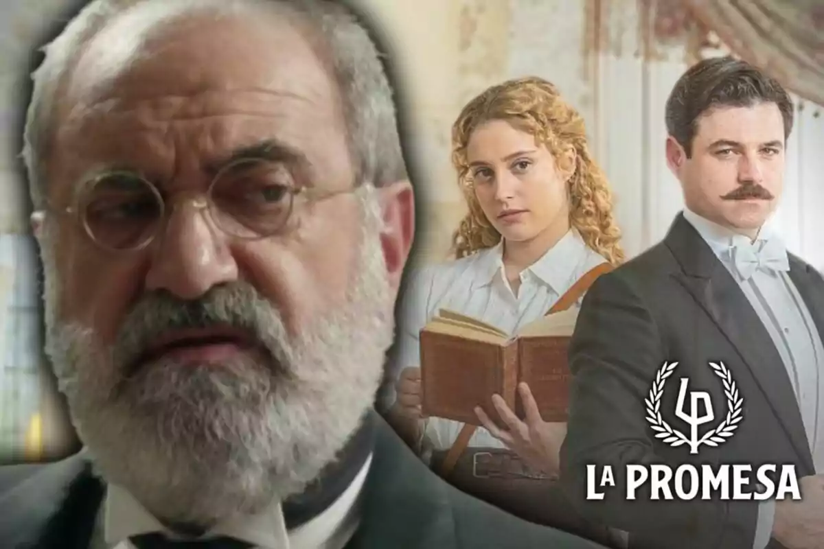 Tres personajes de la serie "La Promesa" con Joaquín Climent al frente y una mujer con un libro junto a un hombre con bigote al fondo.