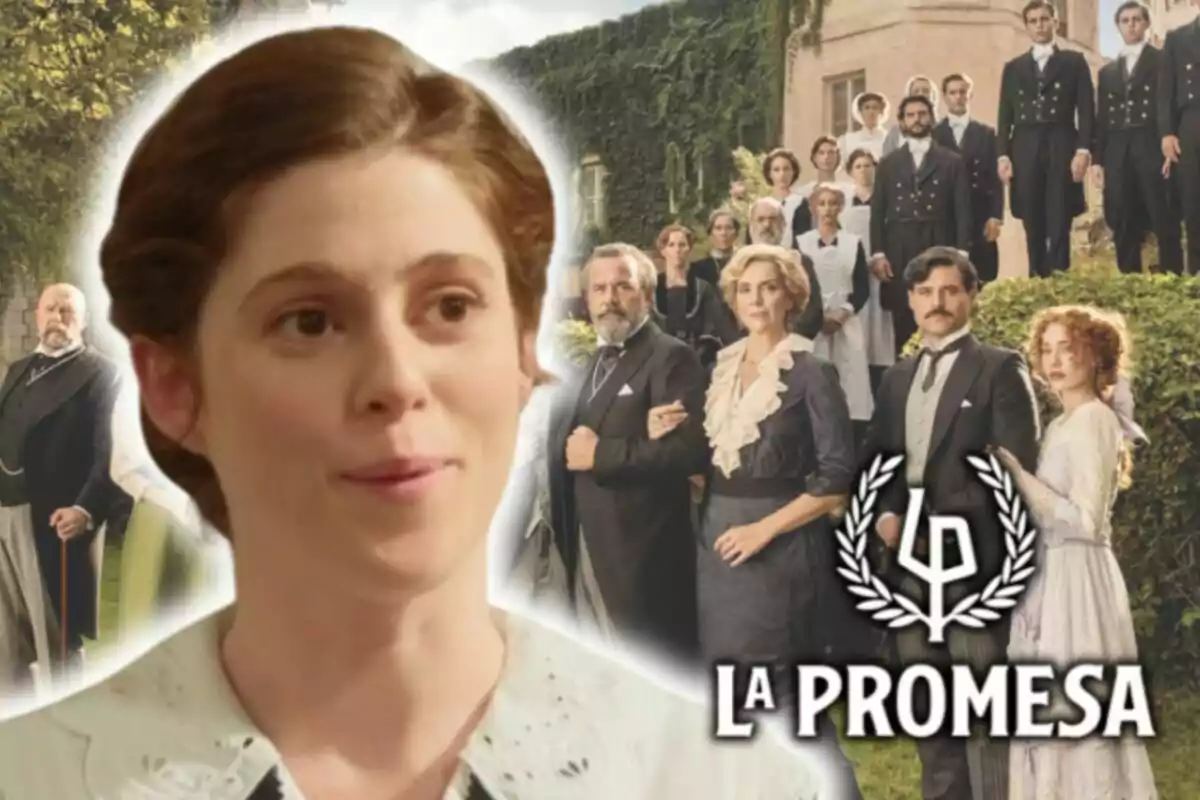 Imagen promocional de la serie "La Promesa" con un primer plano de Sara Molina y un grupo de personas que forman parte del elenco de la serie en el fondo.