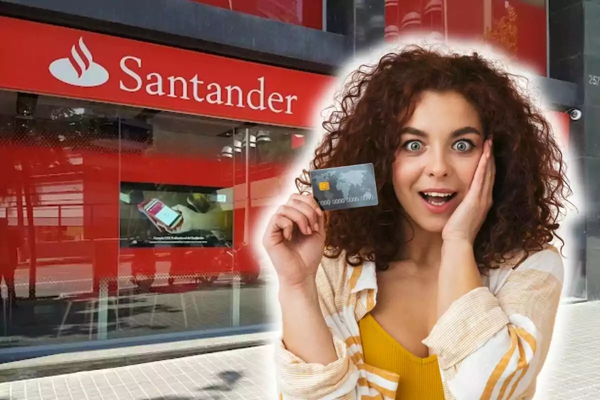 A shocked woman holds a credit card in front of a Santander bank branch.