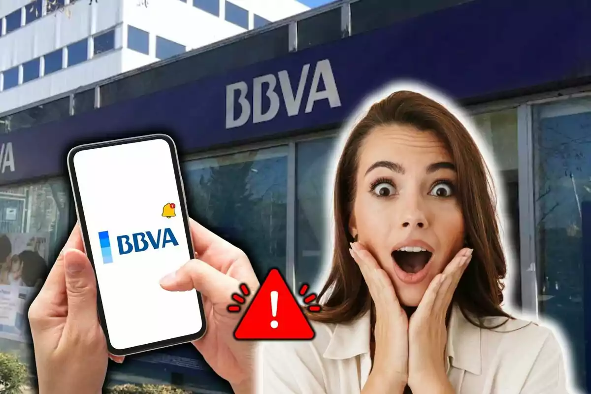 Person caught in front of a BBVA branch with a mobile phone showing the application logo and an alert icon.