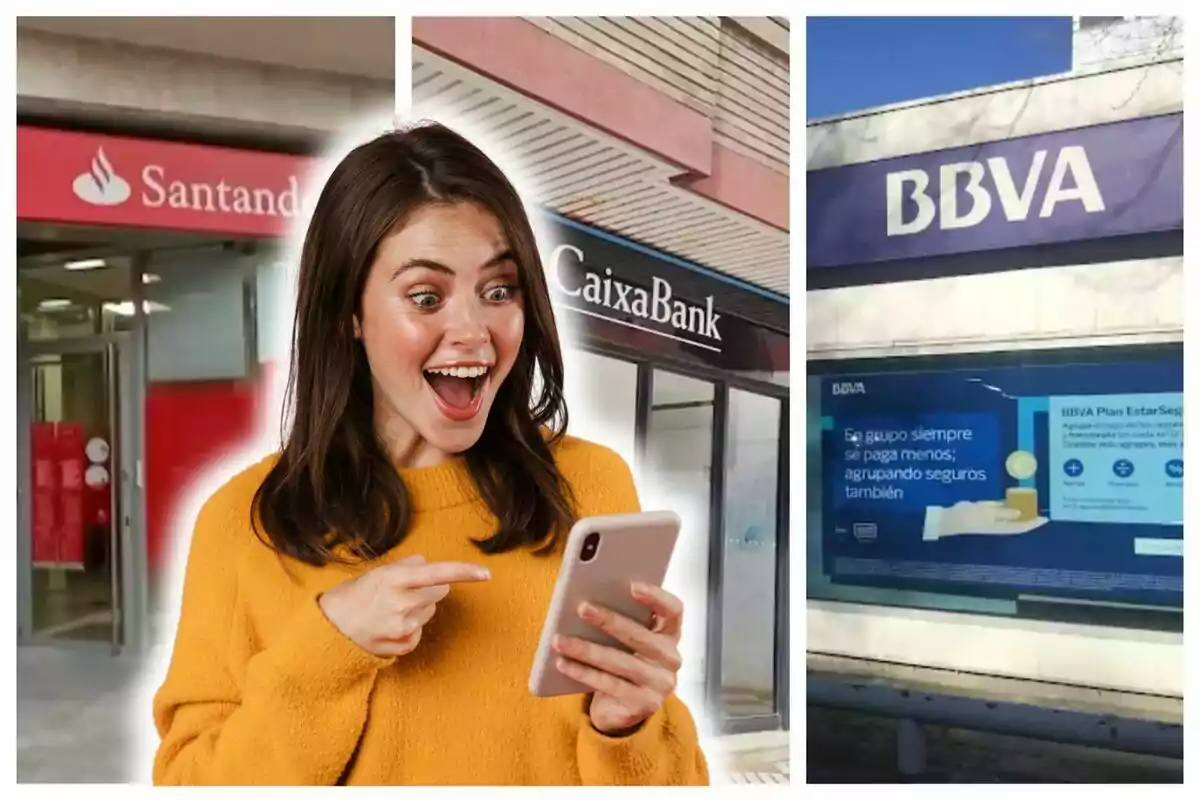 Mujer emocionada mirando su teléfono frente a imágenes de tres sucursales de diferentes bancos.