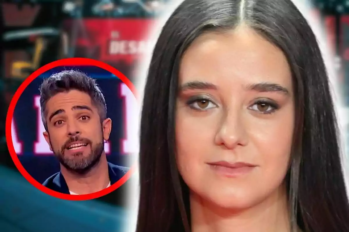 Montaje de fotos de primer plano de Victoria Federica con rostro serio, mientras que en un círculo rojo se muestra a Roberto Leal hablando en un fondo de plató que pertenece al programa 'El Desafío'.