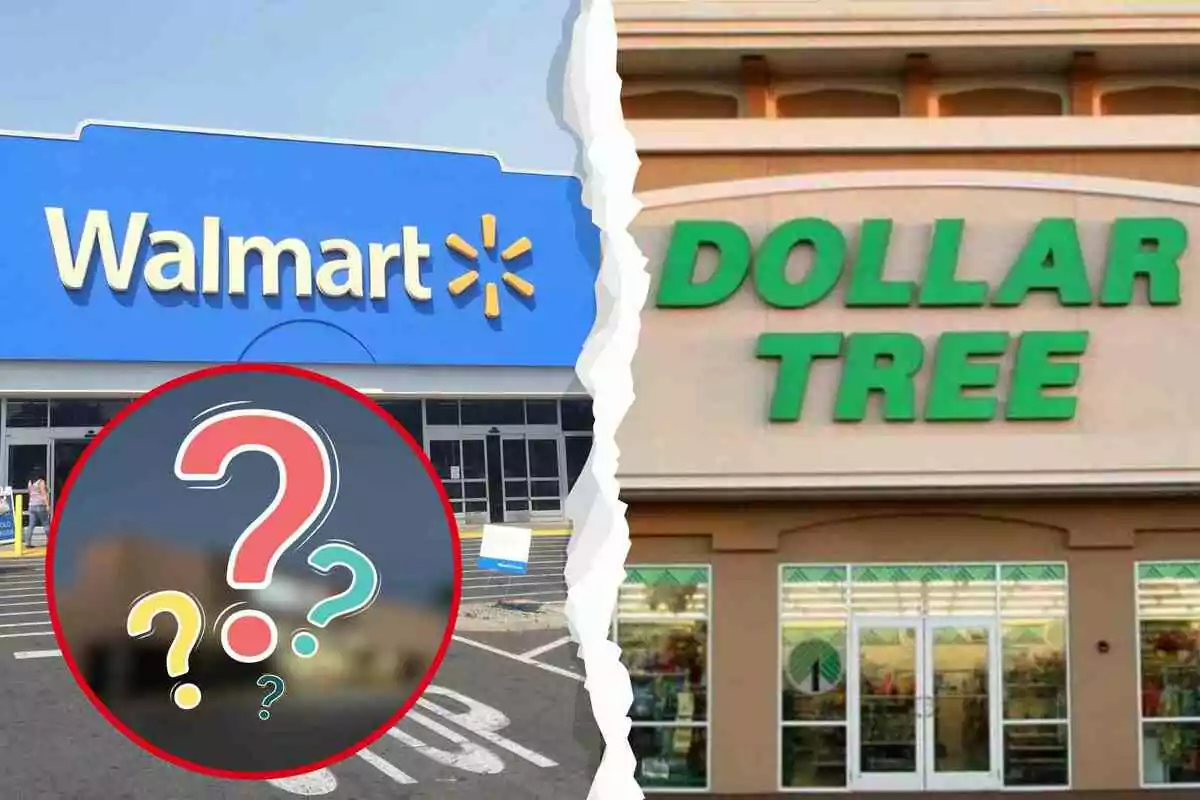 Fachadas de las tiendas Walmart y Dollar Tree con un círculo de signos de interrogación en el centro. Fachadas de las tiendas Walmart y Dollar Tree con un círculo de signos de interrogación en el centro.