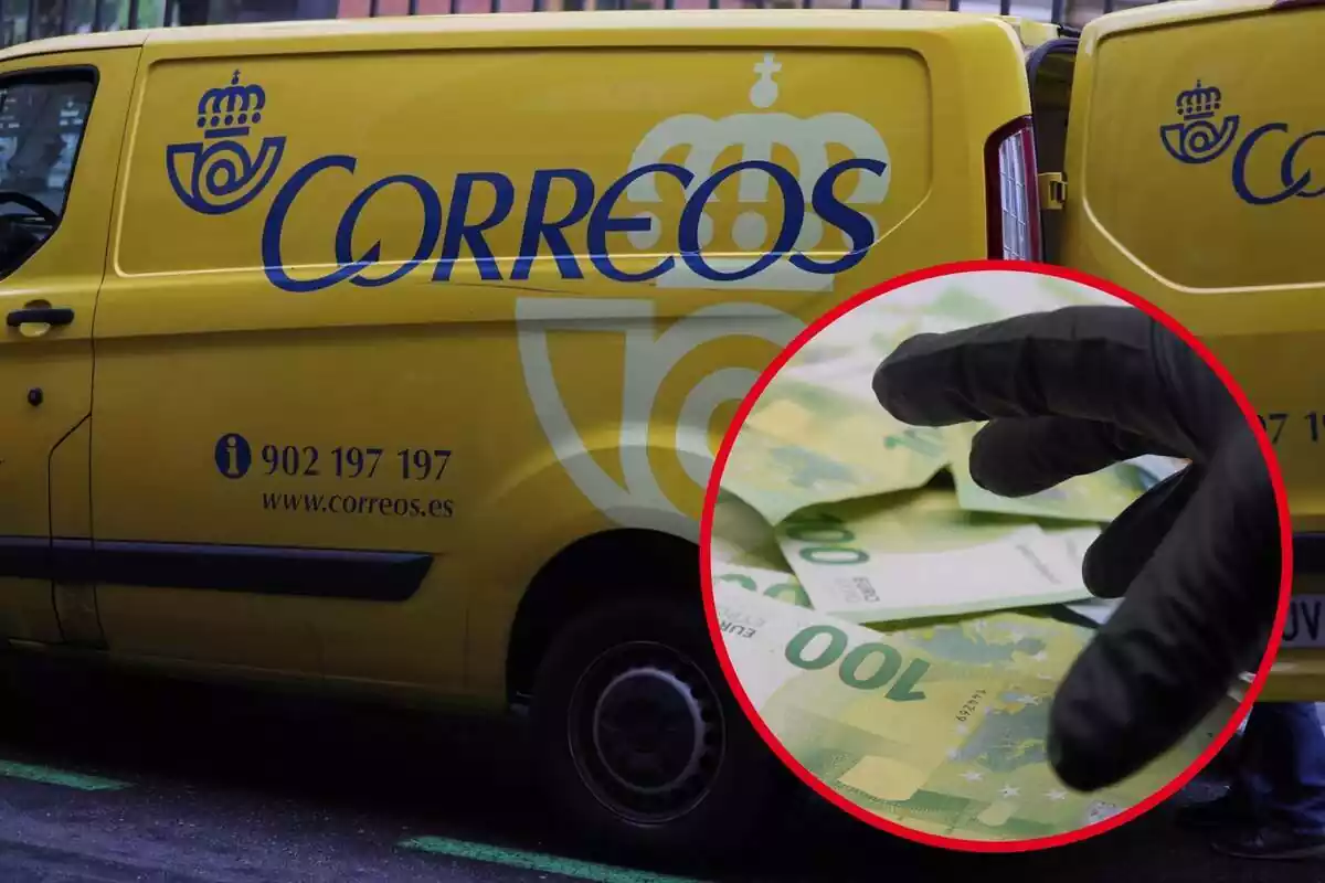 Montaje con una furgoneta amarilla de Correos y un círculo con varios billetes de 100 euros y una mano con un guante negro de ladrón a punto de cogerlos