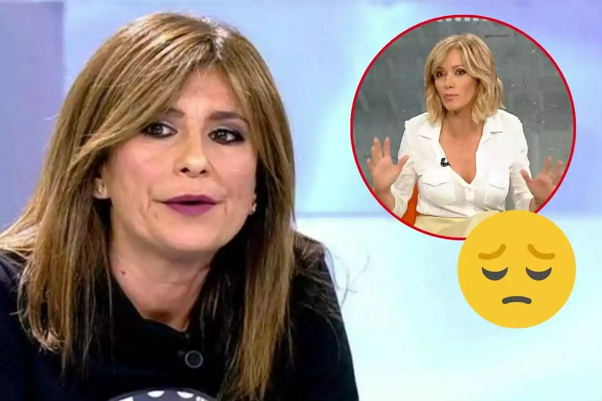 Gema López en primer plano con expresión seria, y en un círculo rojo al fondo, Susanna Griso con camisa blanca y expresión de sorpresa, acompañada de un emoji triste.