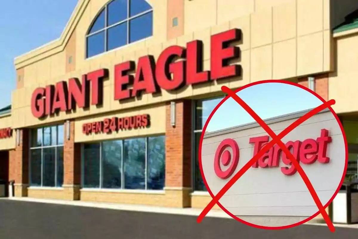 Storefront of a 24-hour Giant Eagle with a prohibition symbol over an image of Target.