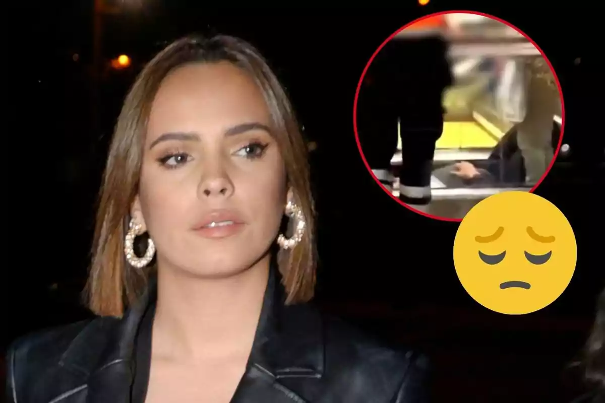 Gloria Camila con cabello castaño y aretes grandes aparece en primer plano, mientras que en la esquina superior derecha hay un círculo rojo con una imagen borrosa y un emoji de cara triste.