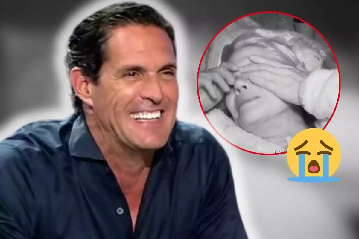 Gonzalo sonriente con una imagen en blanco y negro de Makoke cubriéndose los ojos dentro de un círculo rojo y un emoji llorando.