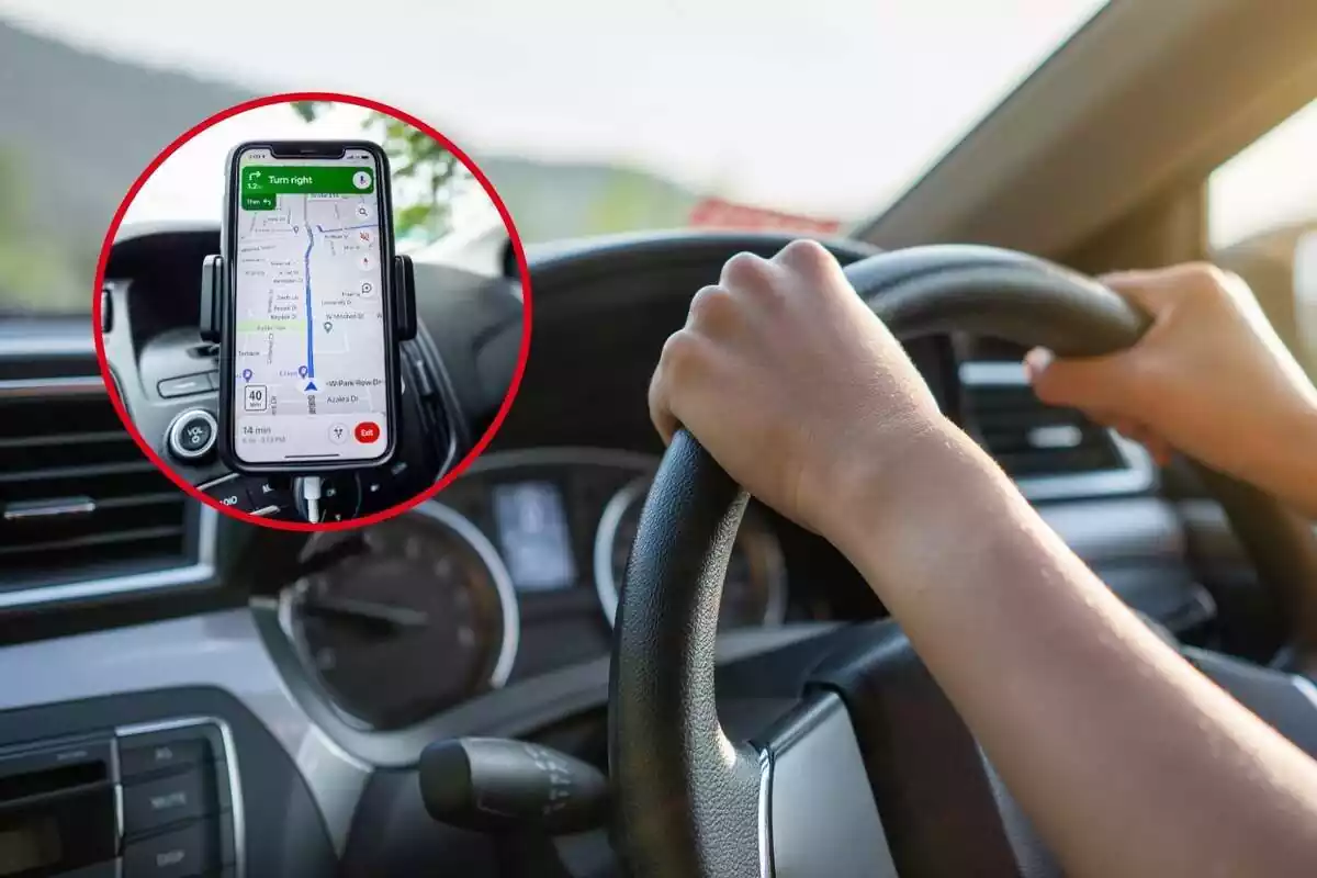 Montaje donde aparece una persona conduciendo y un otra imagen en un marco con un GPS en funcionamiento