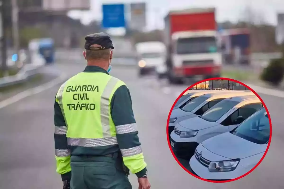 Un guardia civil controla el tráfico en una carretera, y en el círculo, varias furgonetas blancas
