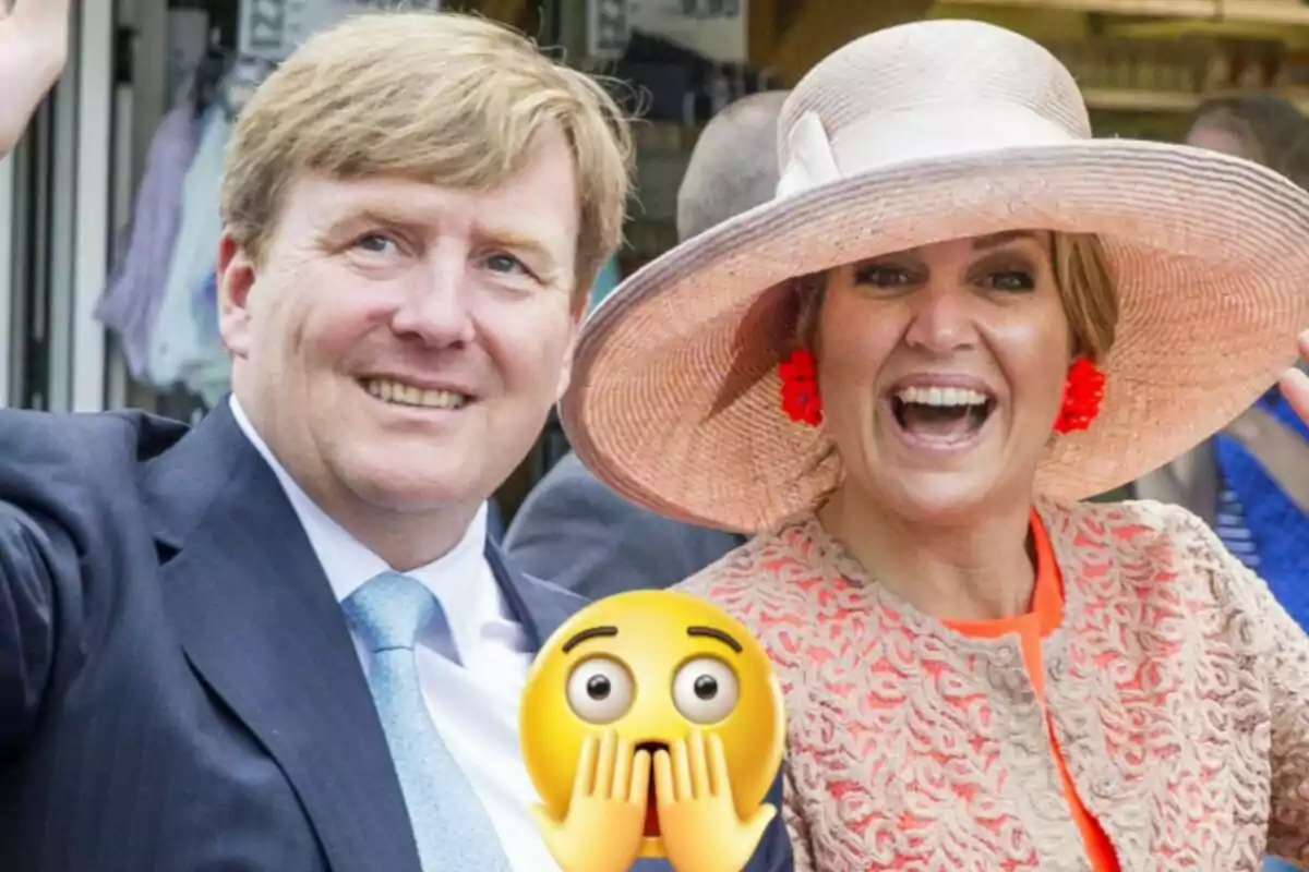 Guillermo and Máxima of the Netherlands smile and wave while a woman wears a large hat and a surprised emoji is overlaid on the image.