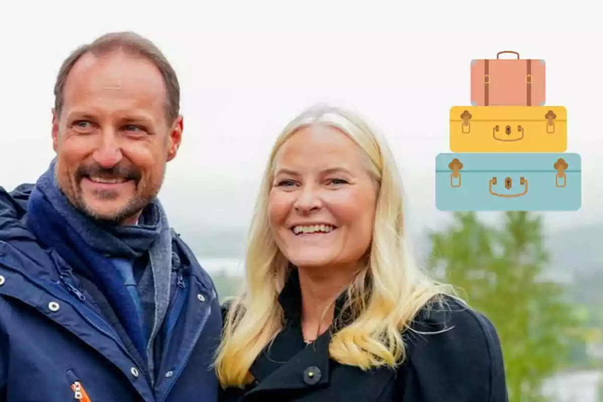 Haakon and Mette-Marit of Norway smiling outdoors with an illustration of stacked suitcases in the upper right corner
