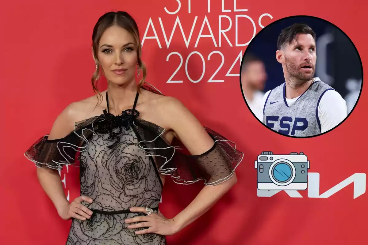 Helen Lindes con un vestido elegante posando en un evento de premios de estilo 2024 con un recuadro que muestra a Rudy Fernández en uniforme deportivo.