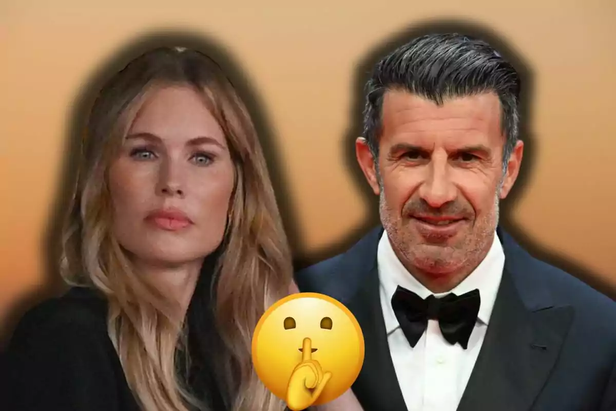 Helen Svedin y Luis Figo posan juntos en un fondo degradado con un emoji de silencio superpuesto.