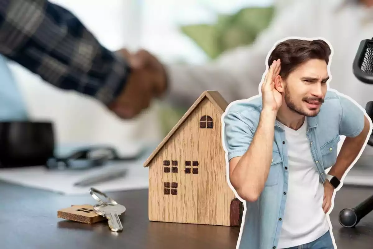 Un hombre con una expresión de escuchar, una casa de madera en miniatura, llaves y un apretón de manos en el fondo.