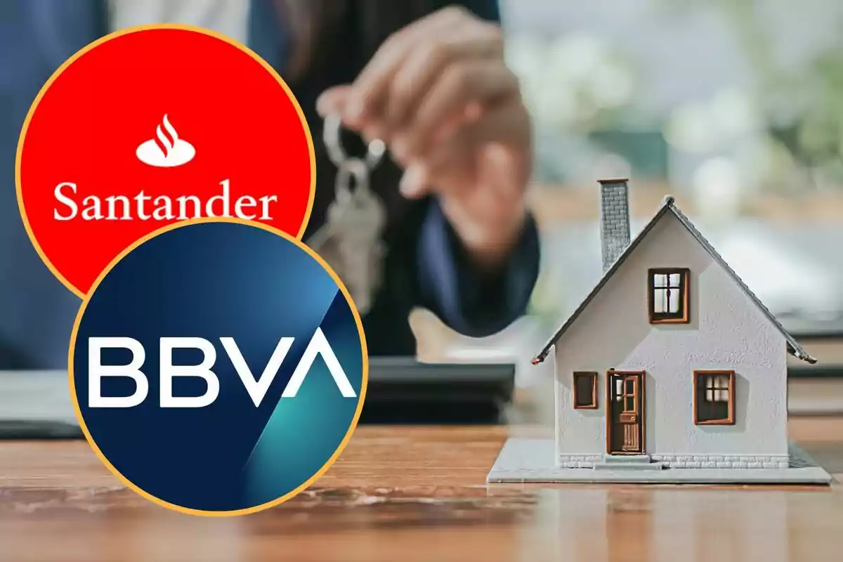 Logos de Santander y BBVA sobre una imagen de una persona sosteniendo llaves y una casa en miniatura.