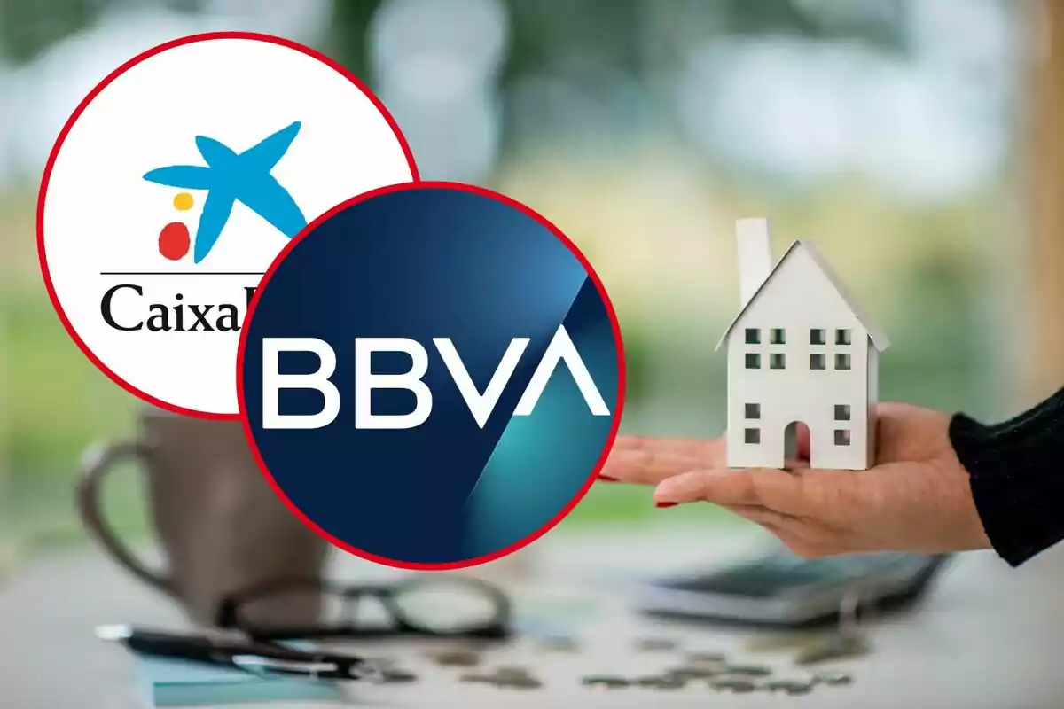 Logos de CaixaBank y BBVA junto a una mano sosteniendo una casa en miniatura.