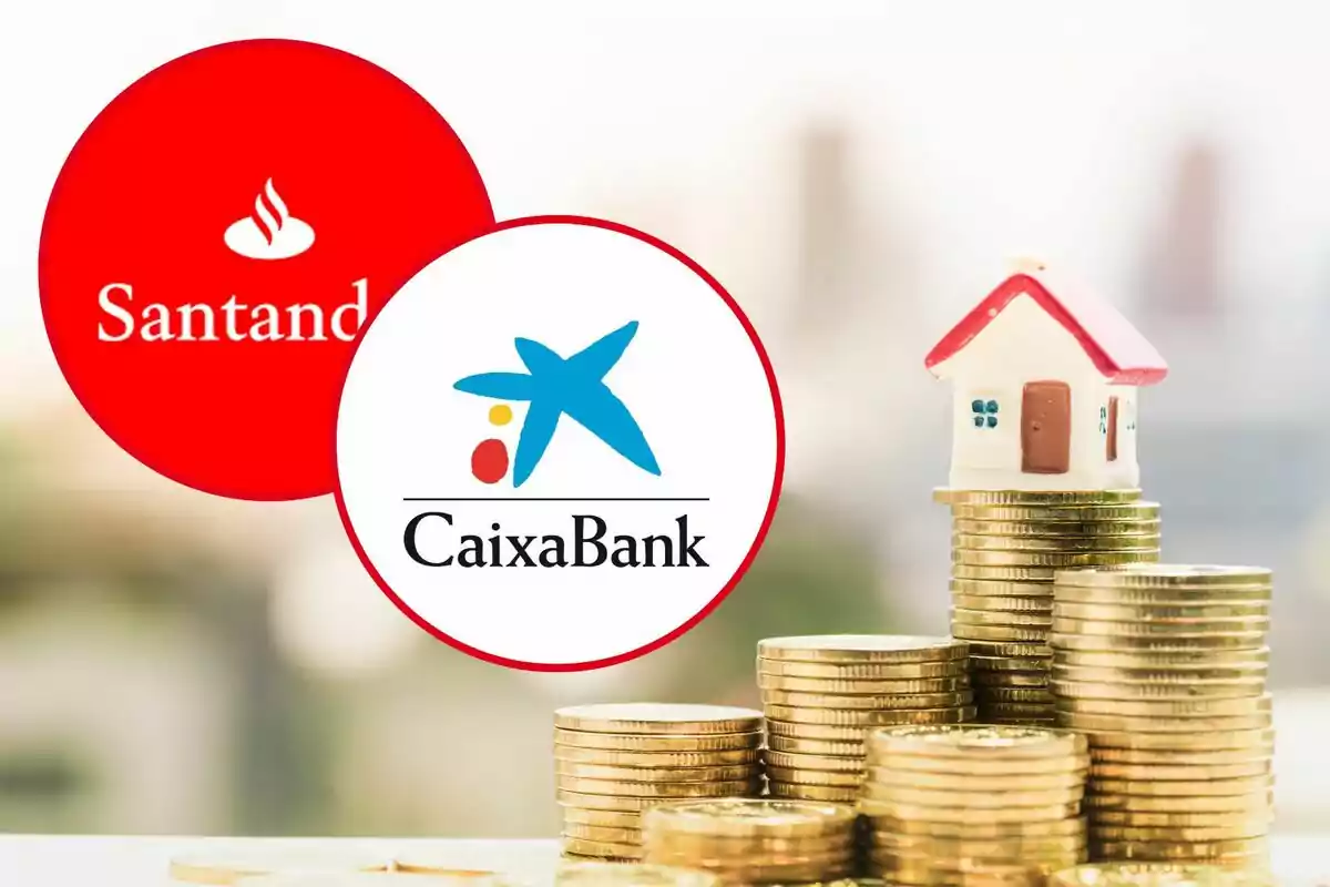 Logos de Santander y CaixaBank con una casa en miniatura sobre pilas de monedas.