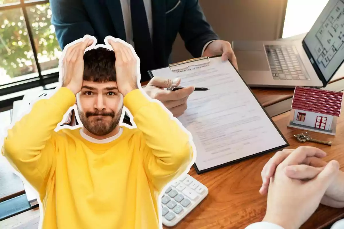 Un hombre con expresión de preocupación frente a un contrato de compra de vivienda.