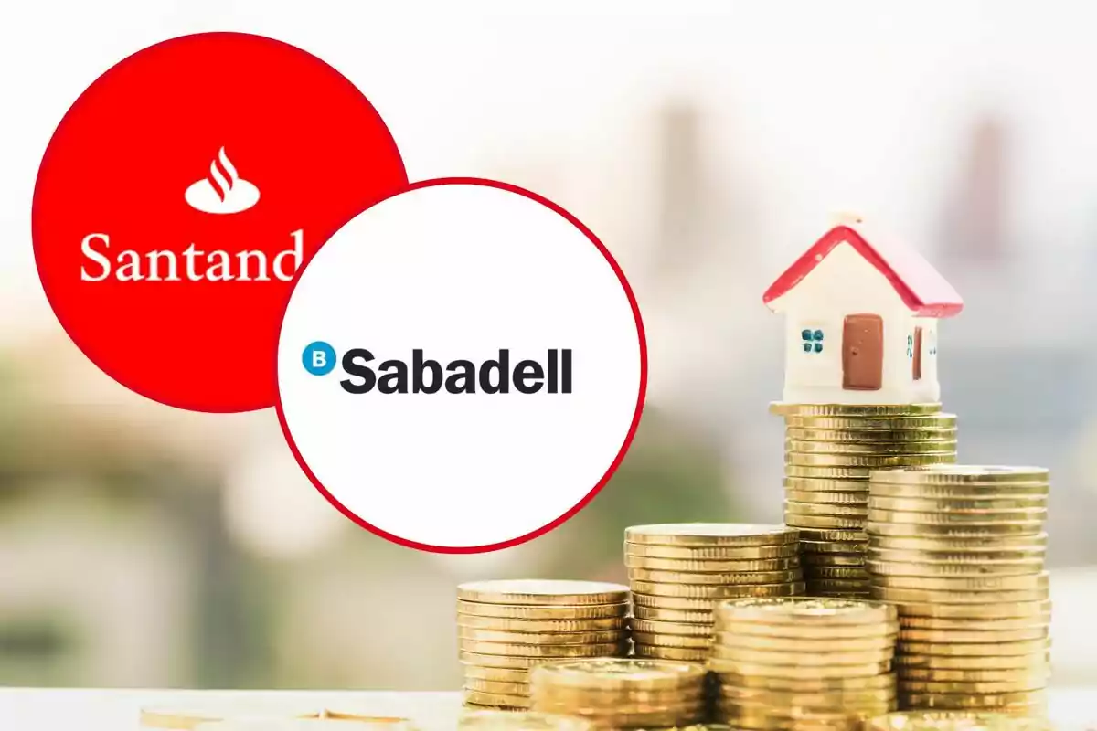 Logos de los bancos Santander y Sabadell con una casa en miniatura sobre pilas de monedas.