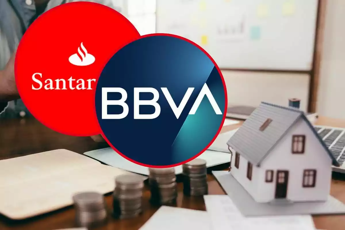 Logos de los bancos Santander y BBVA superpuestos sobre una imagen de monedas, documentos y una casa en miniatura.