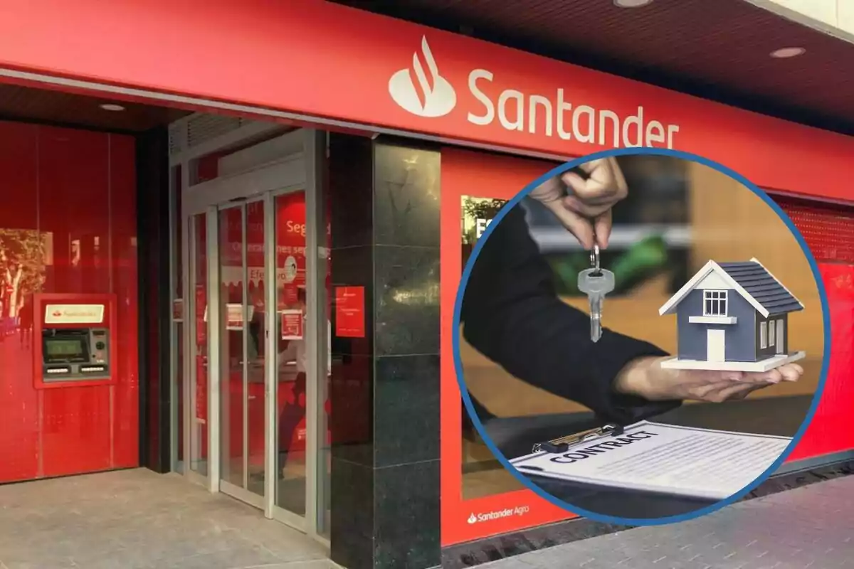 Sucursal del banco Santander con un cajero automático y una imagen superpuesta de una mano sosteniendo una llave y una casa en miniatura sobre un contrato.