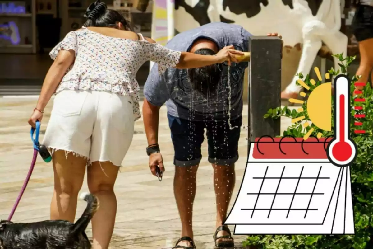 Una mujer sostiene una correa mientras un hombre se refresca con agua de una fuente en un día caluroso, acompañado de un perro negro. Una mujer sostiene una correa mientras un hombre se refresca con agua de una fuente en un día caluroso, acompañado de un perro negro.