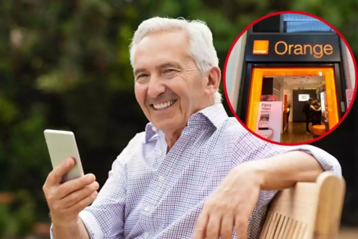 Un hombre maneja un móvil sonriente, y en el círculo, una tienda de Orange