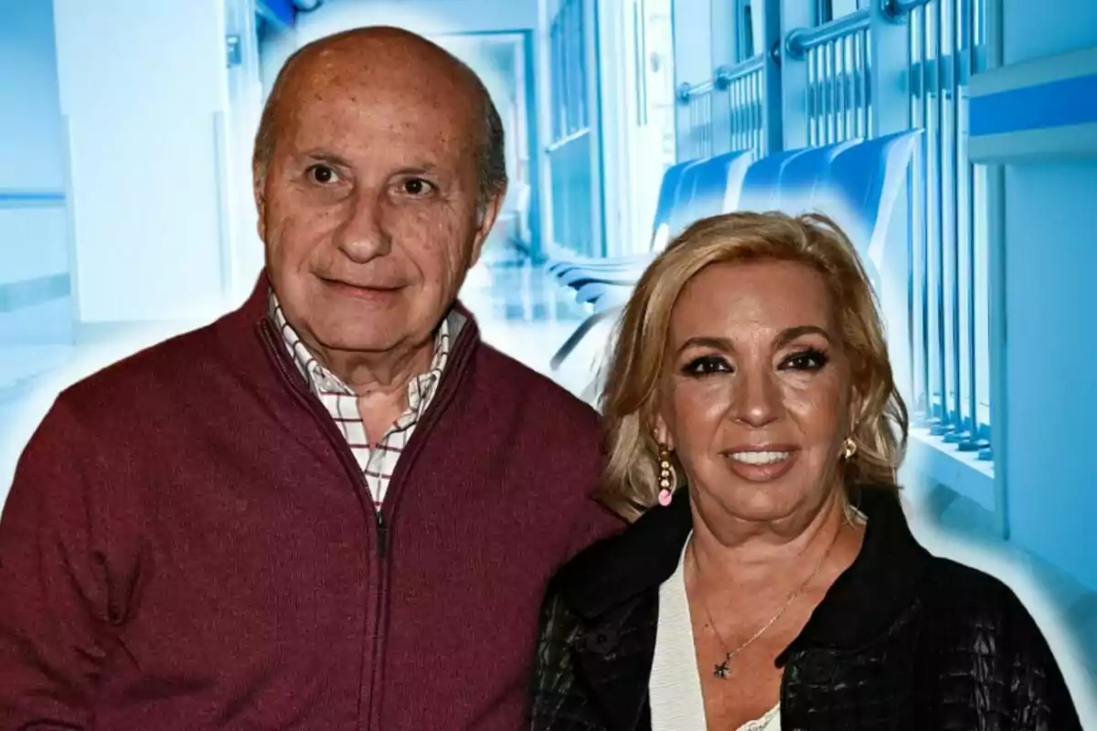 José Carlos Bernal and Carmen Borrego pose together in a hallway of a modern building with blue chairs in the background.