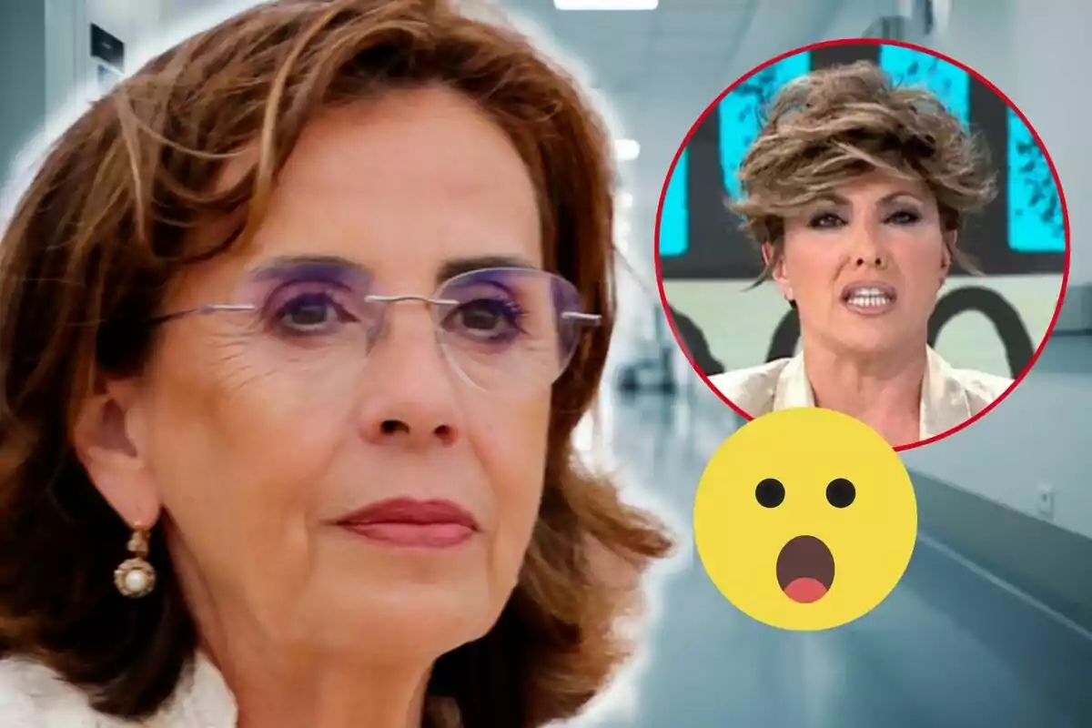 Mercedes Bernal con gafas y expresión seria aparece en primer plano mientras en un círculo rojo se muestra a Sonsoles Ónega con expresión sorprendida y un emoji de asombro.