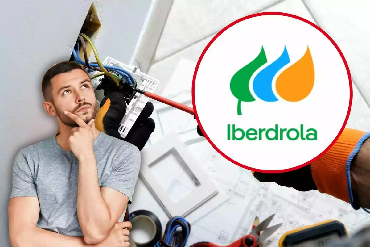 Un hombre pensativo junto a una imagen de un electricista trabajando y el logo de Iberdrola.