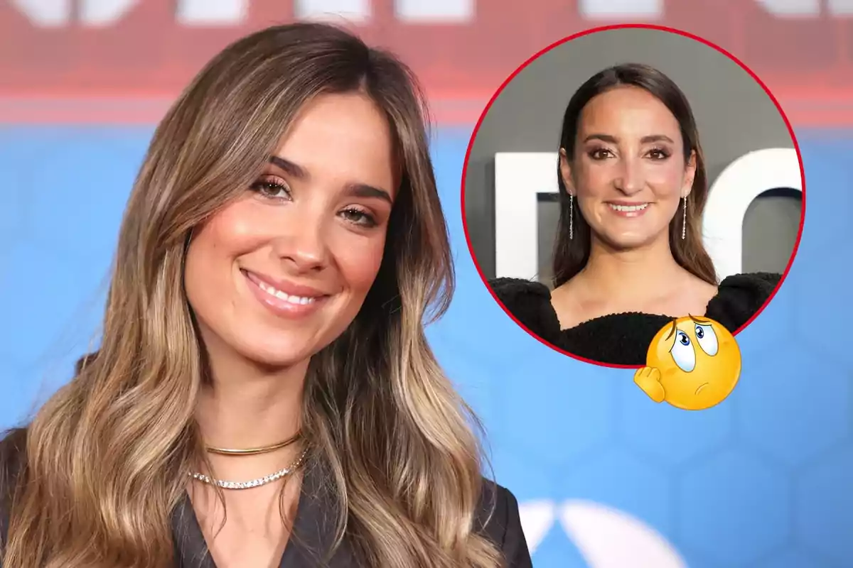 María Pombo sonriente con cabello largo y ondulado, con un círculo rojo que contiene la imagen de su hermana y un emoji pensativo.