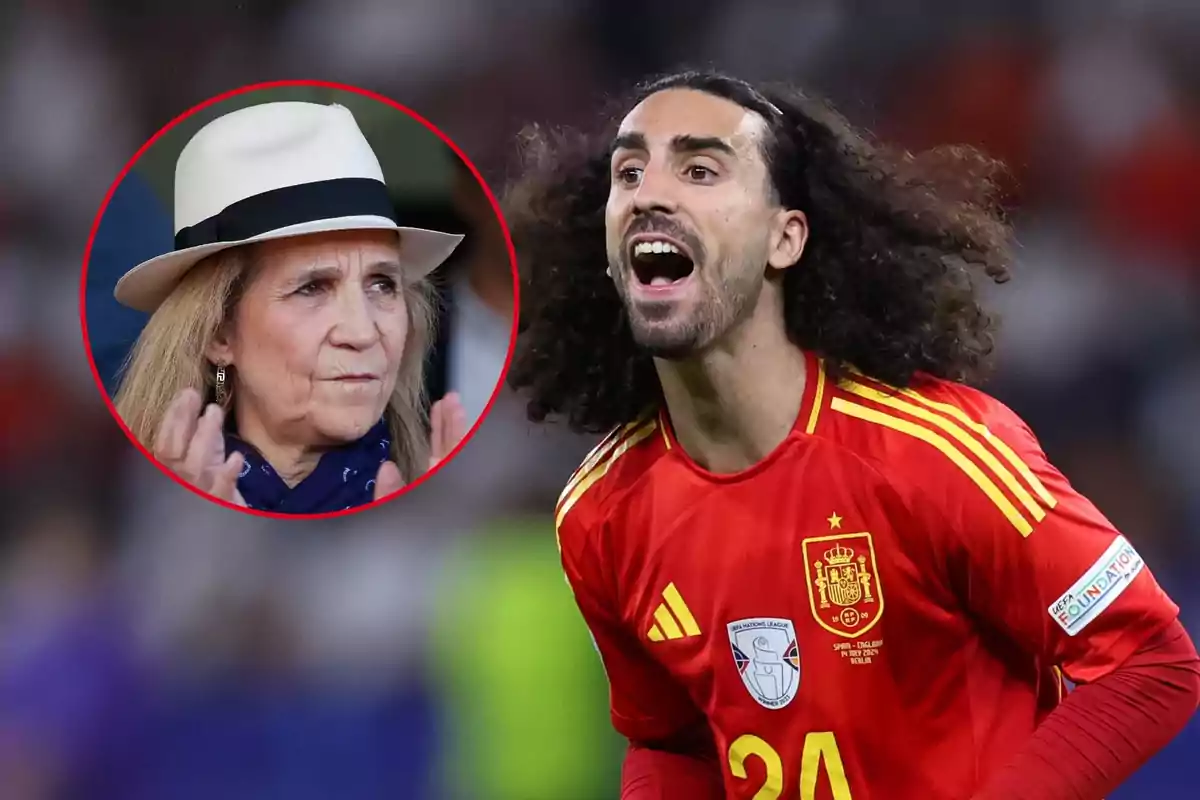 Marc Cucurella con la camiseta de la selección española grita con emoción mientras en un recuadro la Infanta Elena con un sombrero blanco aplaude.