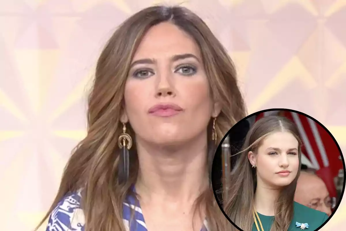 Montaje con Nuria Marín, con cara seria, y luciendo pendientes largos, y en un círculo foto de la princesa Leonor con rostro solemne