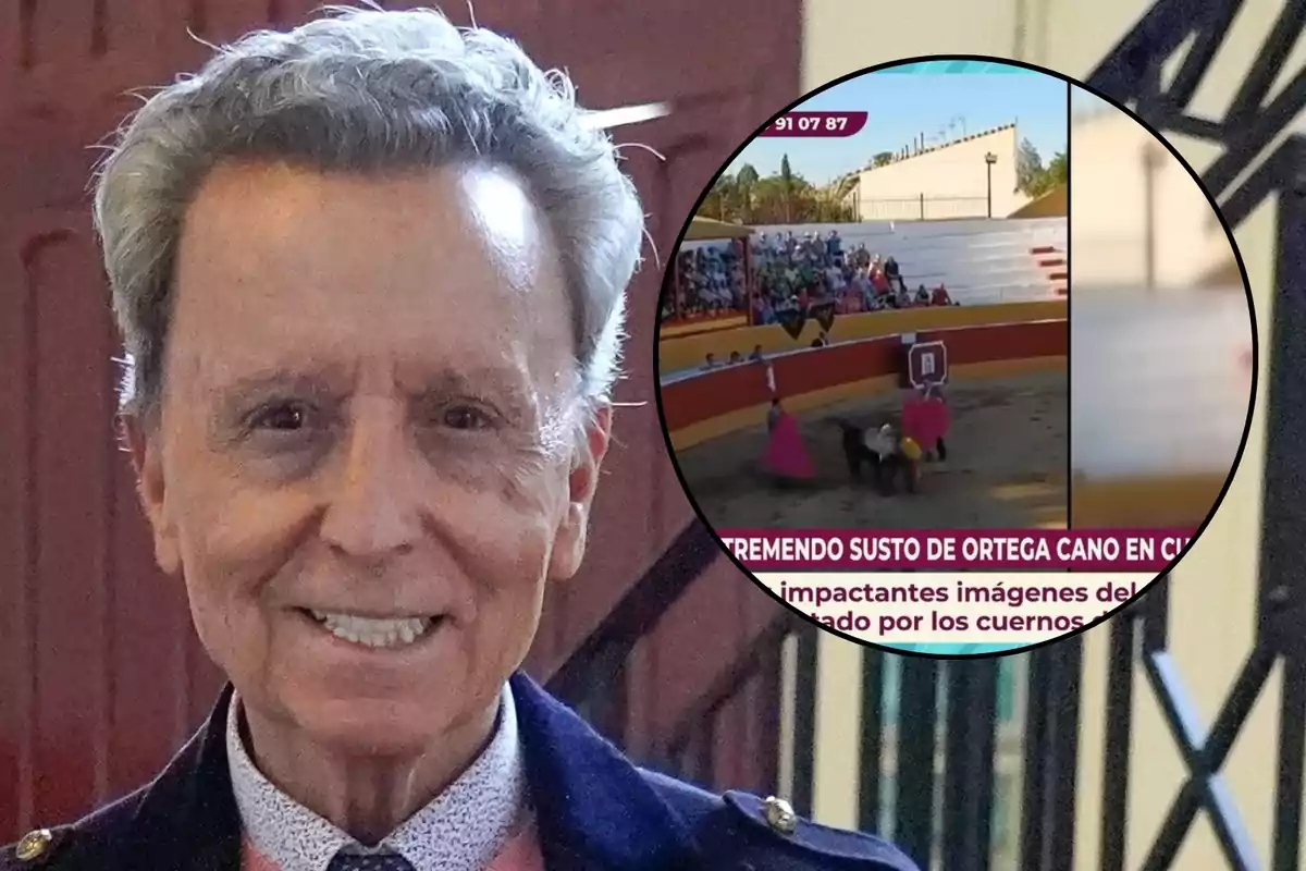 José Ortega Cano sonriente con cabello canoso y una imagen circular de una corrida de toros en la esquina superior derecha.