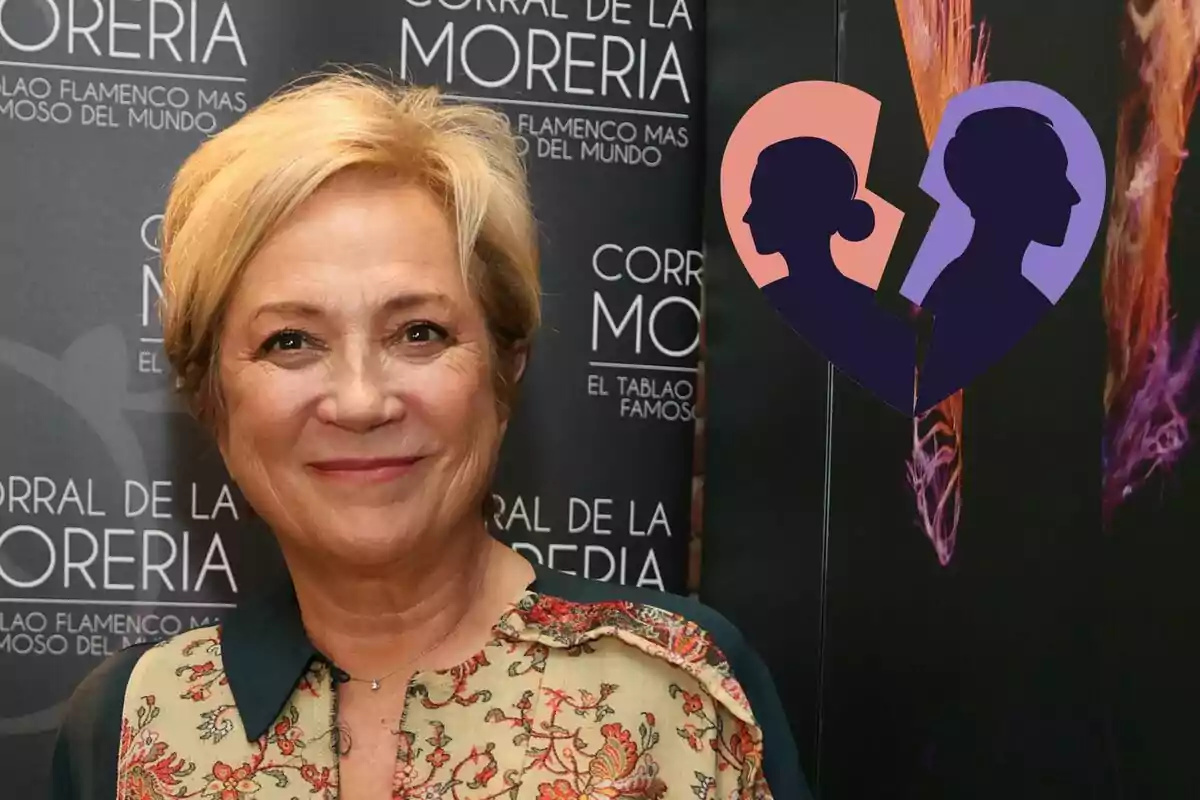 Inés Ballester sonriente, vestida con una blusa de flores, posa frente a un fondo que dice "Corral de la Morería, el tablao flamenco más famoso del mundo", junto a un gráfico de un corazón roto con las siluetas de un hombre y una mujer.