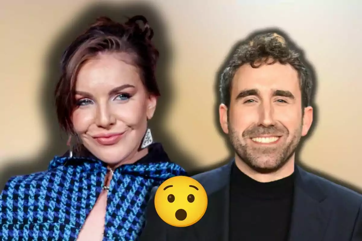 Inés Hernand y Aitor Albizua sonríen frente a un fondo difuminado con un emoji sorprendido en el centro.
