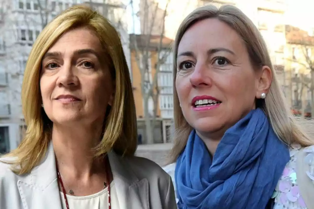 La infanta Cristina y Ainhoa Armentia posan al aire libre, una lleva una chaqueta gris y la otra una bufanda azul.