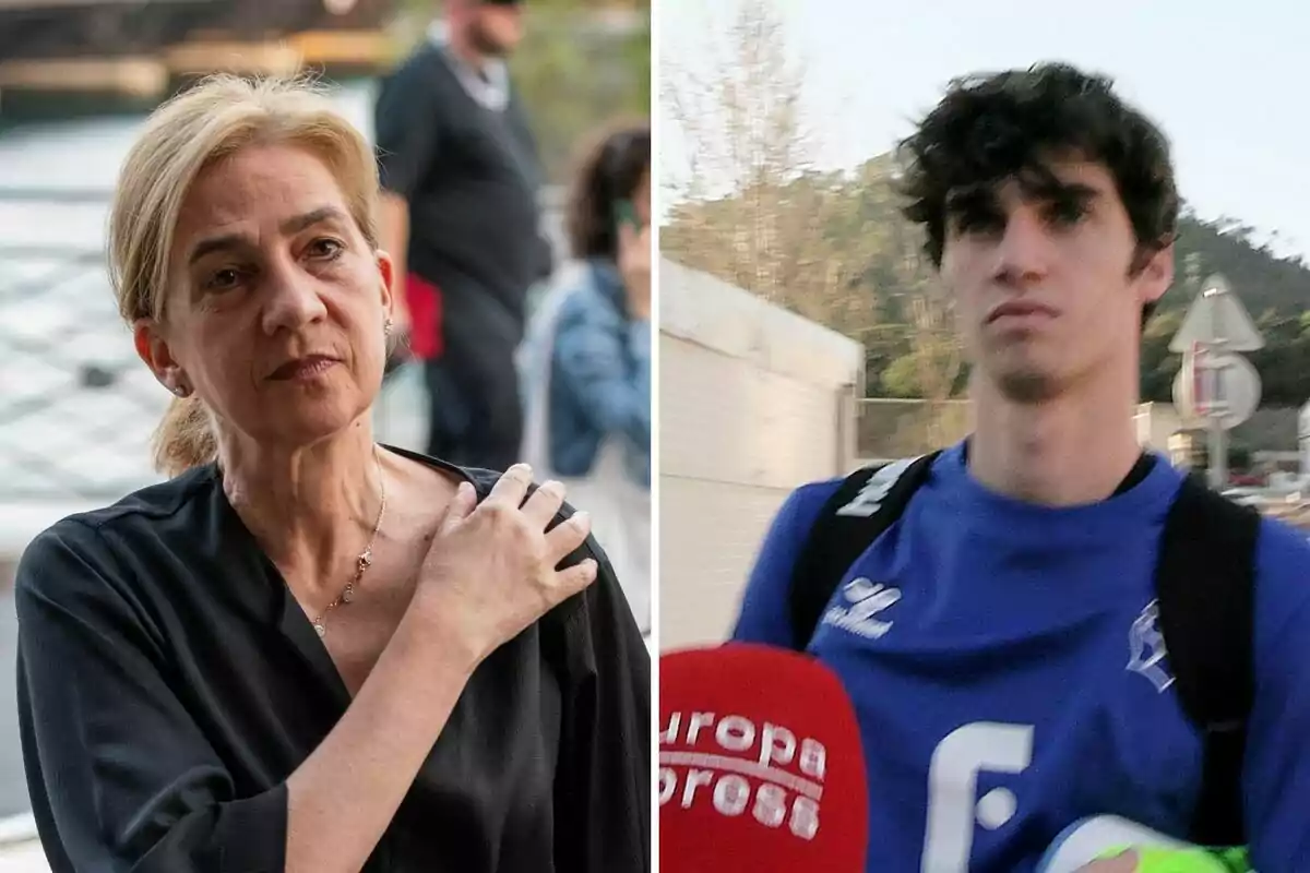 Princess Cristina with blonde hair and a serious expression is on the left, while on the right is Pablo Urdangarin wearing a blue t-jersey and backpack, in front of several microphones. Princess Cristina with blonde hair and a serious expression is on the left, while on the right is Pablo Urdangarin wearing a blue t-jersey and backpack, in front of several microphones.
