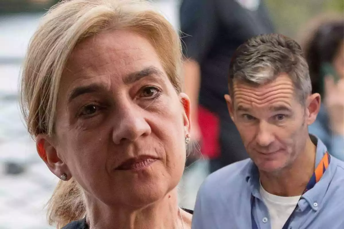 Montaje con la infanta Cristina seria con el pelo recogido e Iñaki Urdangarin con las cejas hacia arriba