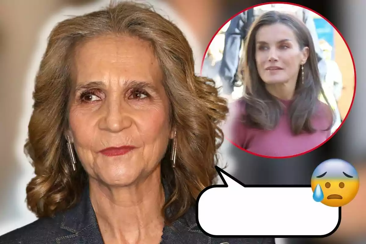 La infanta Elena con cabello castaño y expresión seria aparece en primer plano, mientras que en un círculo rojo al fondo se ve a Letizia con cabello largo y suelto, junto a un emoji de cara preocupada.