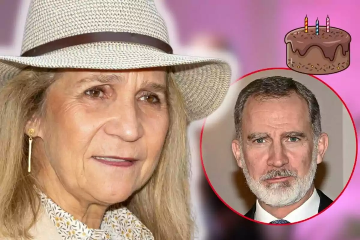 Infanta Elena with a hat and long earrings appears in the foreground, while in a red circle on the right, Felipe VI with a beard is shown; in the upper right corner, there is a drawing of a birthday cake with candles.