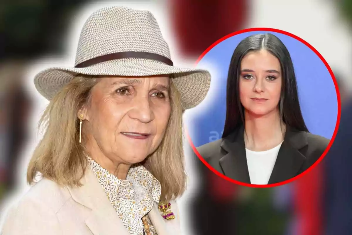 Infanta Elena with a hat and young Victoria Federica in a red circle on a blue background.