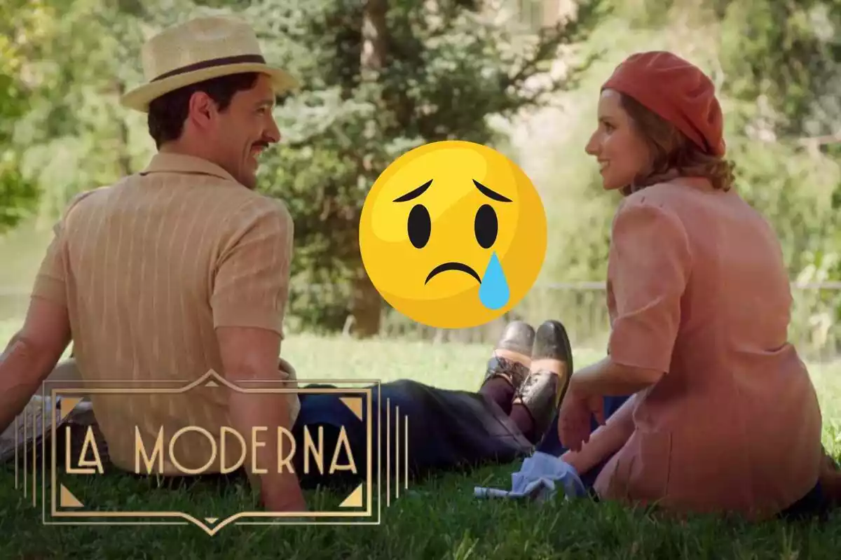 Montaje de 'La Moderna' con Íñigo y Matilde sentados en el césped, el logo de la serie y un emoji triste