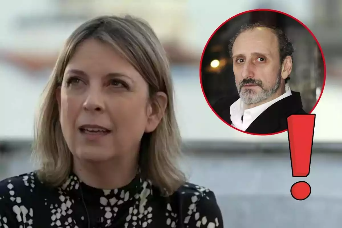 Irene Gil aparece en primer plano, mientras que en la esquina superior derecha hay un círculo rojo con la imagen de José Luis Gil de cabello corto y barba, acompañado de un signo de exclamación rojo.