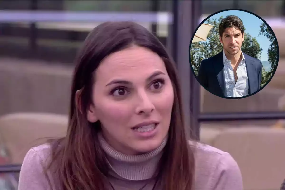 Montaje con Irene Rosales, seria y con pelo largo y suelto, y Cayetano Rivera, con chaqueta azul, dentro de un círculo negro