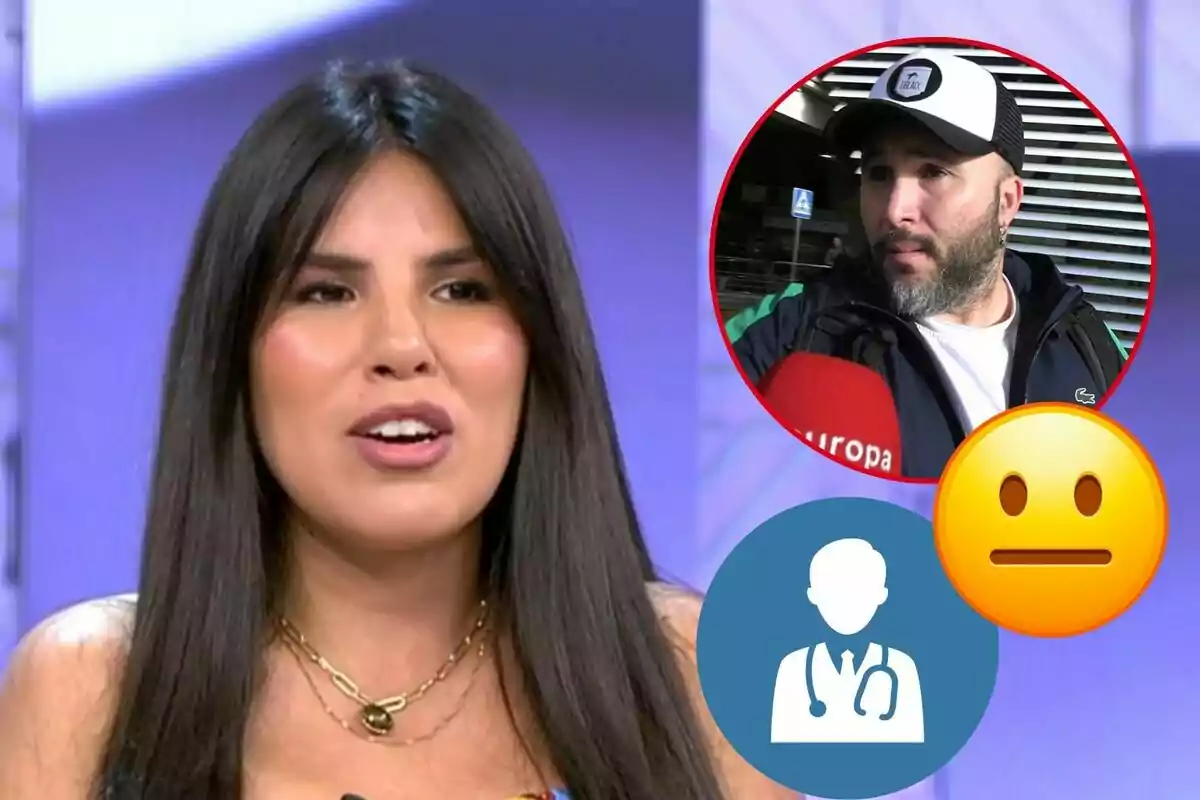 Isa Pantoja de cabello largo y oscuro hablando en un programa de televisión, con una imagen circular de Kiko Rivera con gorra y barba en la esquina superior derecha, acompañada de un icono de médico y un emoji neutral.