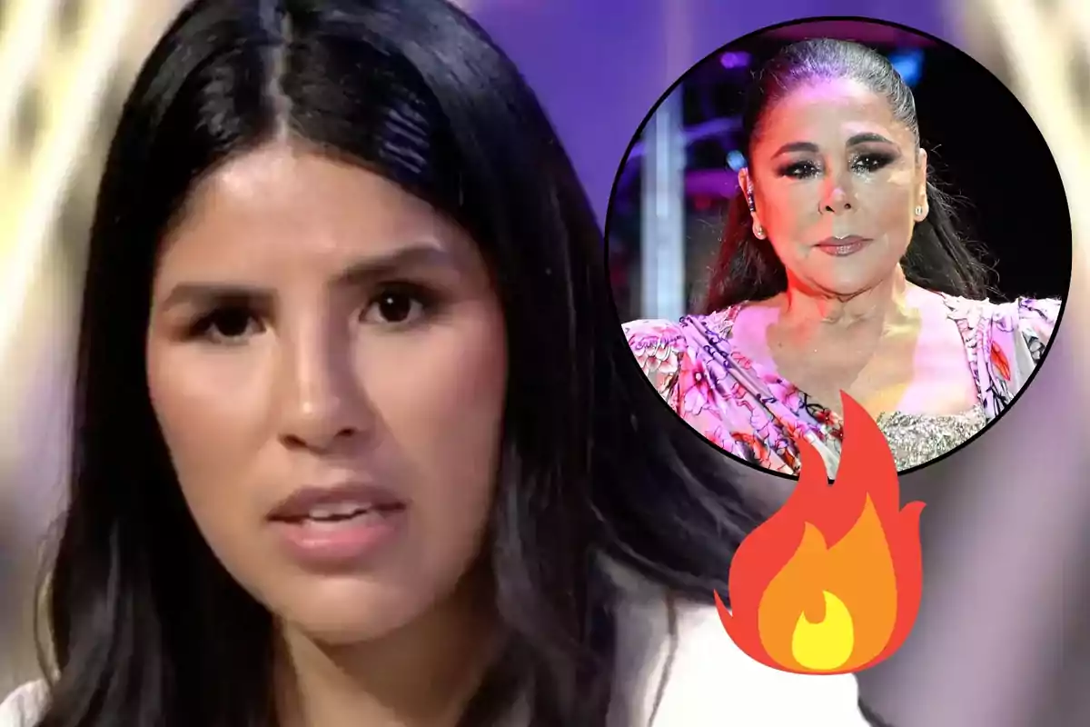 Montaje con Isa Pantoja, en primer plano con una expresión seria, mientras que en la esquina superior derecha hay un círculo con la imagen Isabel Pantoja, junto a un emoji de fuego.