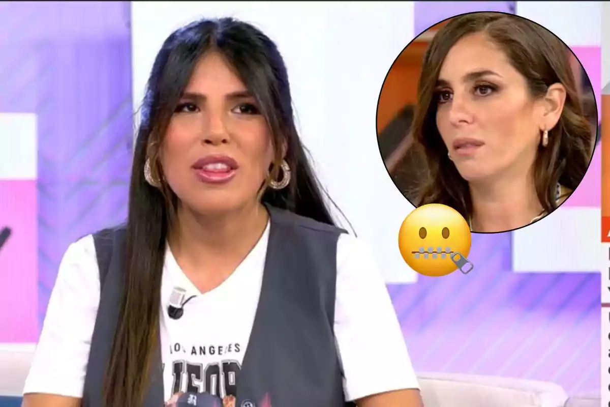 Woman speaking on a television show with a box showing another woman and a zipper-mouth emoji.